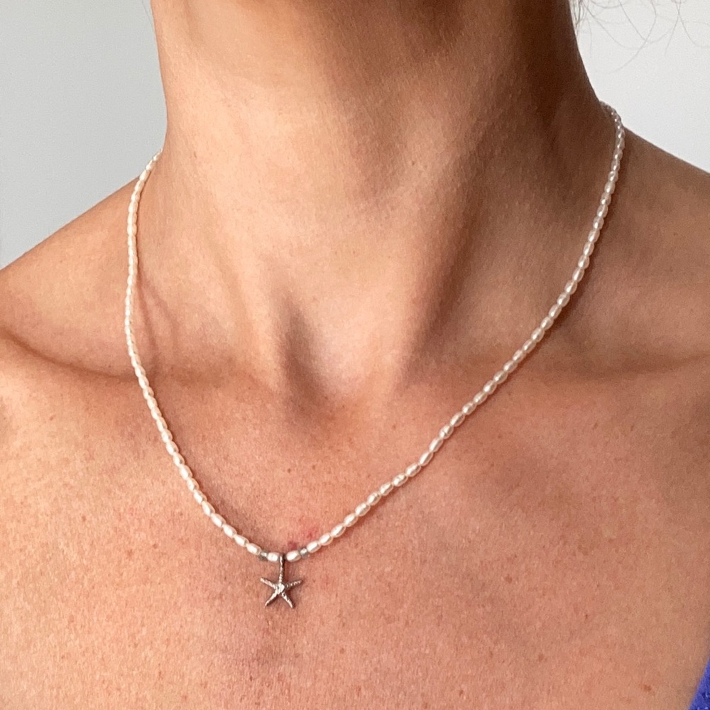 Pearl Necklace with Sterling Silver Starfish Charm